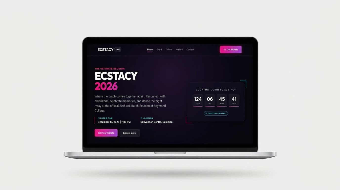 Ecstacy 2026 event site on a laptop