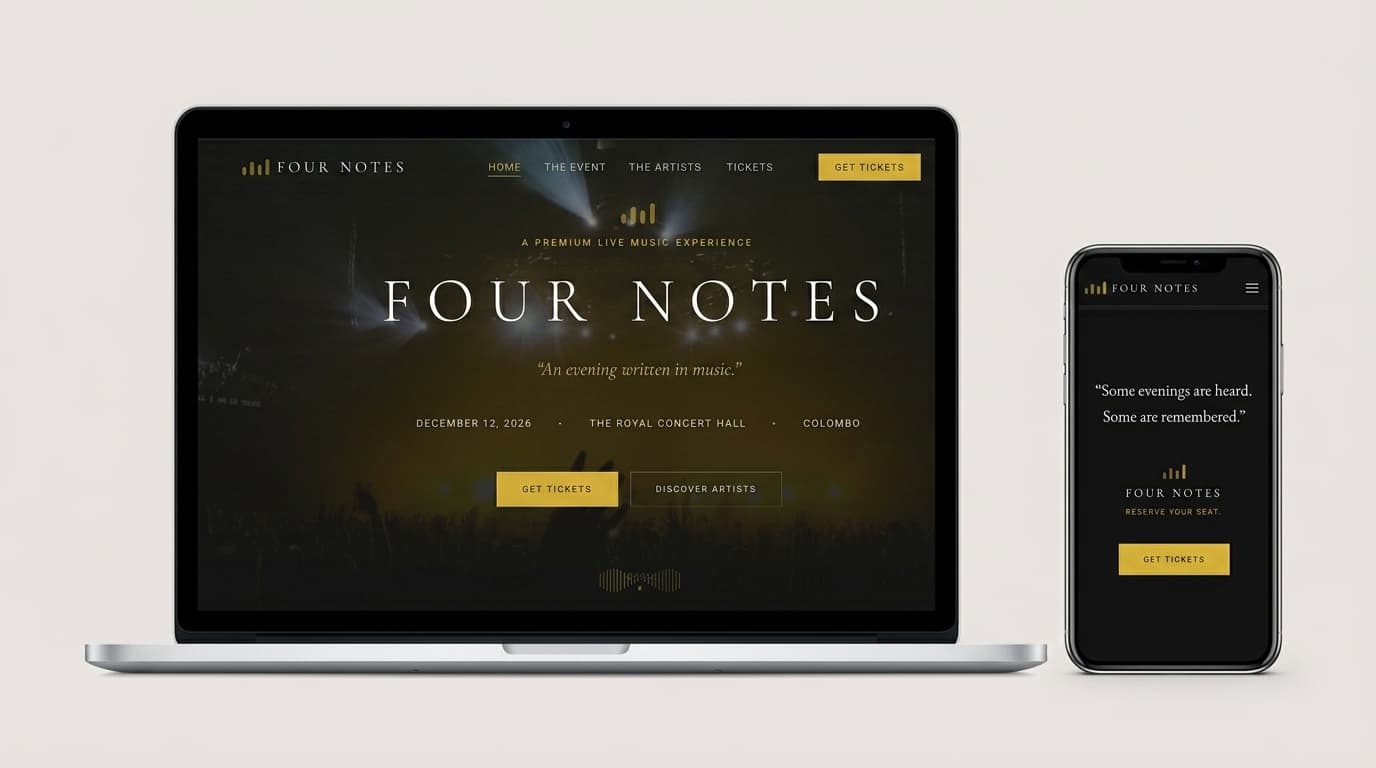 Four Notes event site on laptop and phone